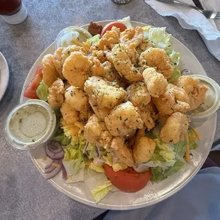Fried shrimp salad with avocado ranch dressing. The picture does not do the size justice!  Delicious