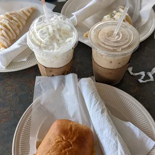 Apple Turnover, Strawberry Turnover, Shrimp Nolache, Pontilly Latte, and white mocha Frappe with white chocolate drizzle.