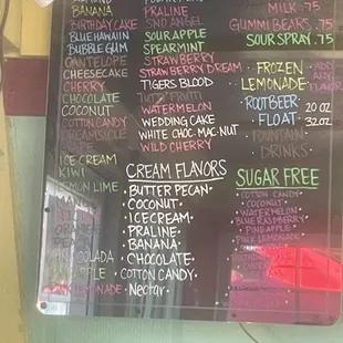 Menu for the icees and shakes