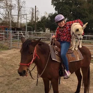 A girl riding a horse with a dog