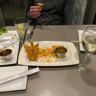 Calamari and Lobster Rangoons for Appetizers with Adami Prosecco D.O.C. Italy. Dinner coming soon!