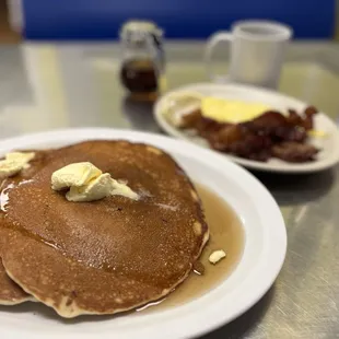 Blueberry pancakes, eggs &amp; bacon.