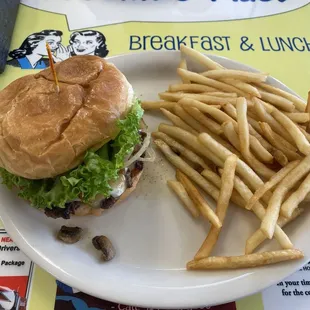 Mushroom swiss burger w/ fries