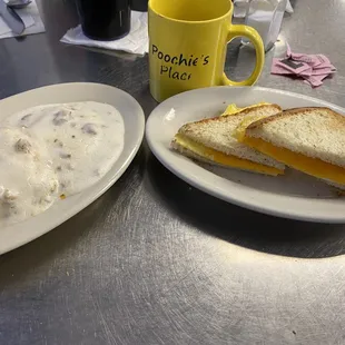 Biscuit &amp; gravy, egg &amp; cheese sandwich