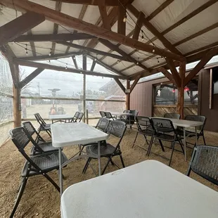 tables and chairs under a covered patio