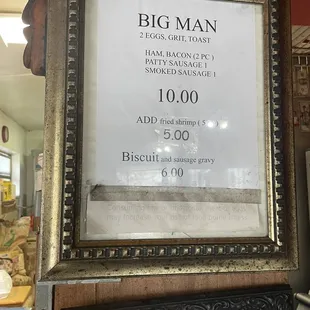 a menu for a big man