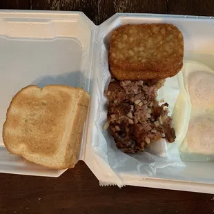 Corn beef hash with hash brown patties instead of grits