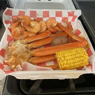 Boiled shrimp, crab legs