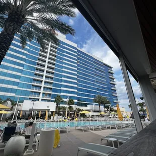 a view of the pool and the hotel