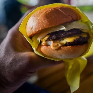 Double pool burger with cheese. Yum!