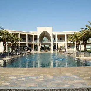 a large pool surrounded by palm trees