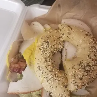 Turkey, bacon, and avocado on an everything bagel.   The avocado was super fresh and creamy.