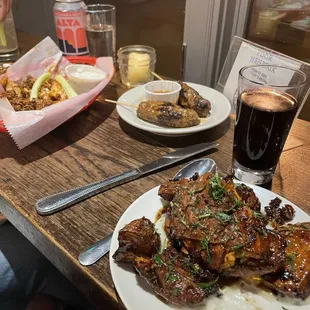 Sweet potatoes, lamb skewers, Buffalo cauliflower