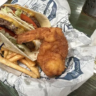 The fried shrimp is almost as big as my hamburger taco!  Both were excellent!