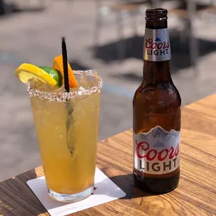 Top shelf margarita (freshly squeezed juice) and Coors Light