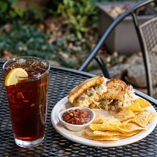 a plate of food and a drink