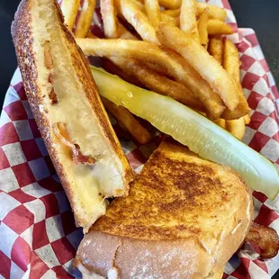 Grilled Cheese &amp; Bacon Sandwich (choice of side - we chose pickle and fries (ask for crispy fries!)) - $11.45 plus extra for fries