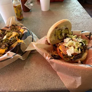 Jalapeño cheeseburger and jalapeño chili cheese fries