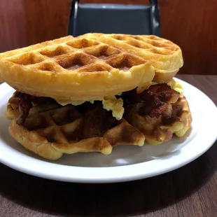 a waffle sandwich on a plate