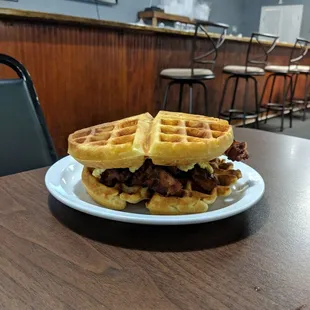 a waffle sandwich on a plate