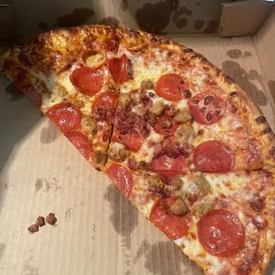 Large pepperoni, bacon, and sausage (well half a large)