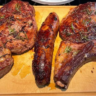 We went with some dry aged rib-eyes and was given a sausage to sample.