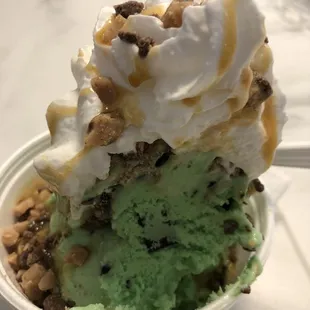 Sundae.  With mint chocolate chip, caramel and heath bar.