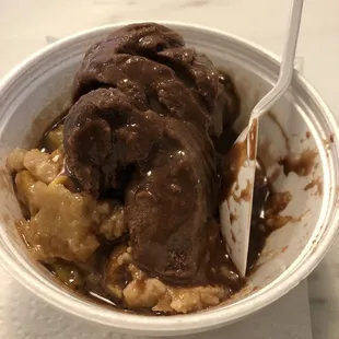Peach cobbler with non-dairy chocolate.