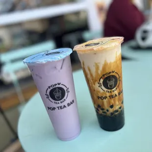 Taro milk tea and black sugar milk tea with those little black balls