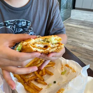 Battered fries with Buffalo burger