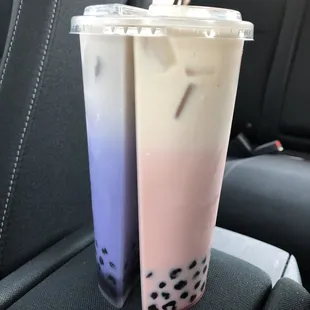 Split cup with Purple Reign (lavender milk tea) and Rosey Cheeks (rose milk tea). Pretty drinks!