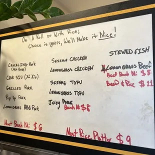 a menu on the wall