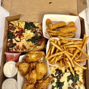 Wings French Fries 18" The Vegan Pizza Creamy Onion, Spinach, and Mushroom Slice Mozzarella Sticks
