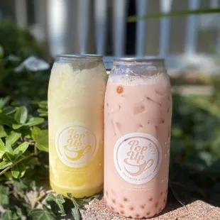 Left: Pineapple Creamy (seasonal)  Right: Strawberry milk tea with mango popping boba