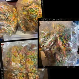 a variety of cereals in plastic bags