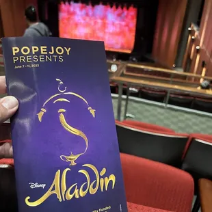 a hand holding a copy of the aladdinn program