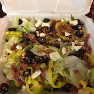 Large Greek salad minus tomatoes &amp; onions PLUS bacon!!  So Yummy!