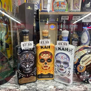 a variety of liquor bottles