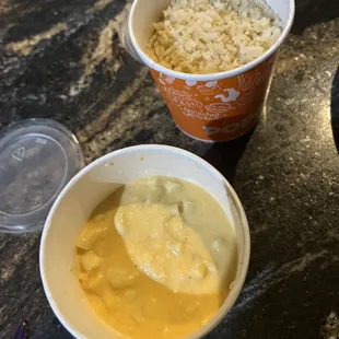 two bowls of soup and rice