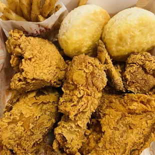 Popeyes spicy fried chicken with fries and biscuits delicious - I still want fried chicken when sick lol so bad