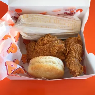 2 piece combo comes w/a side, a biscuit, and a medium drink. $8.59 }:{