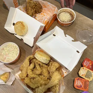 12 piece tenders, sides, sauces, wings