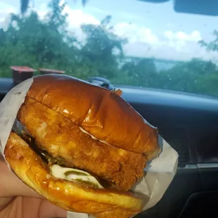 a hand holding a chicken sandwich