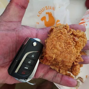 Cajun fried pigeon thigh next to my key fob