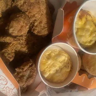 Beans and rice, mac &amp; cheese, and of course the signature spicy chicken