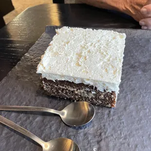 Carrot cake.  Huge!  Dense and spicy.