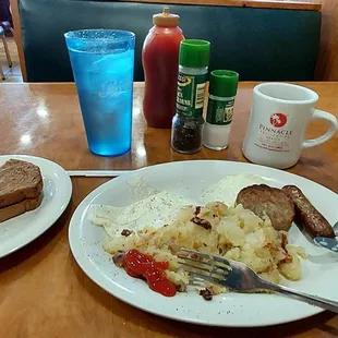 Basic breakfast...house potatoes bland-eggs overcooked from request, sausage patty...not link recommended