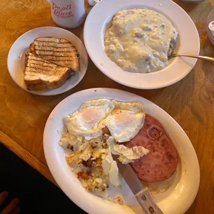 Ham and eggs plate with a order of Biscuits &amp; Gravy - Full