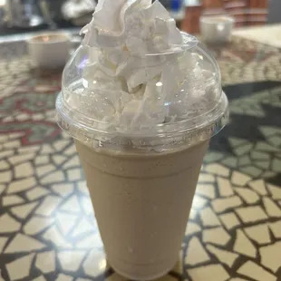 Frozen coffee (2 shots Expresso) with Vanilla Ice Cream.  I added White Chocolate and Raspberry.  Whipped Cream
