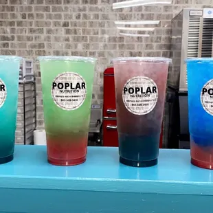 a variety of drinks on a counter